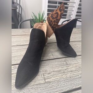 Leopard and Black Women's Pointy Toe Ankle Boots, Block Heel, Size 9